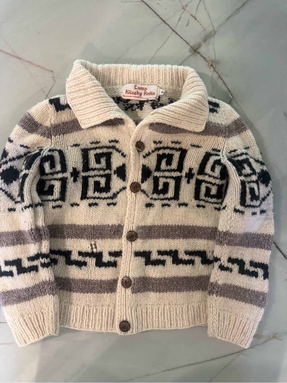 Kid’s handmade Cowichan style Big Lebowski Button-Up Sweater size unisex 6-8